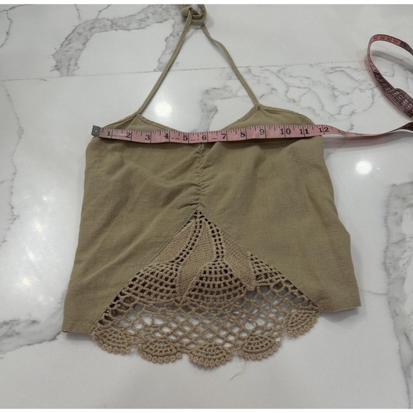 Halter Tank Top Womens Small Beige Crochet Lace Linen Blend Cropped Boho - Picture 4 of 9